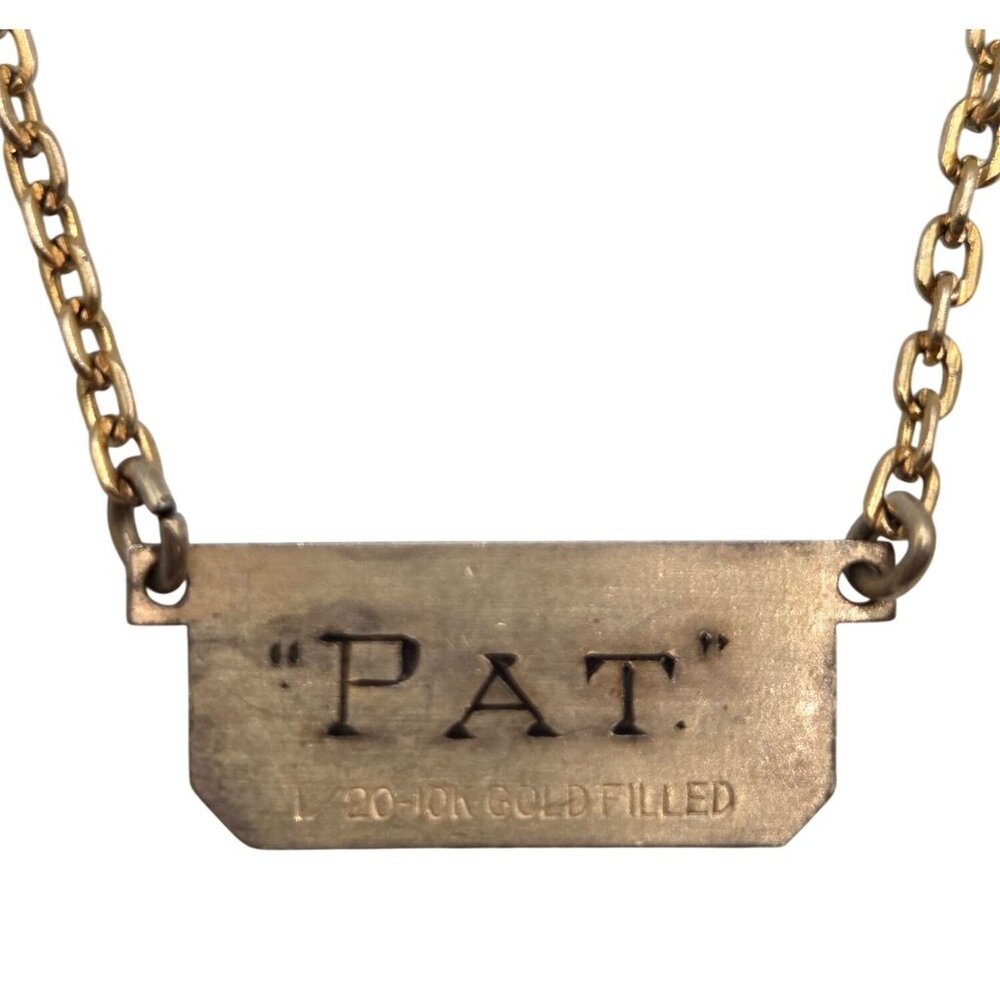 "Pat" Engraved Gold-Filled Bar Tie Clip With Chain Vintage 1/20 10K Gold-Filled